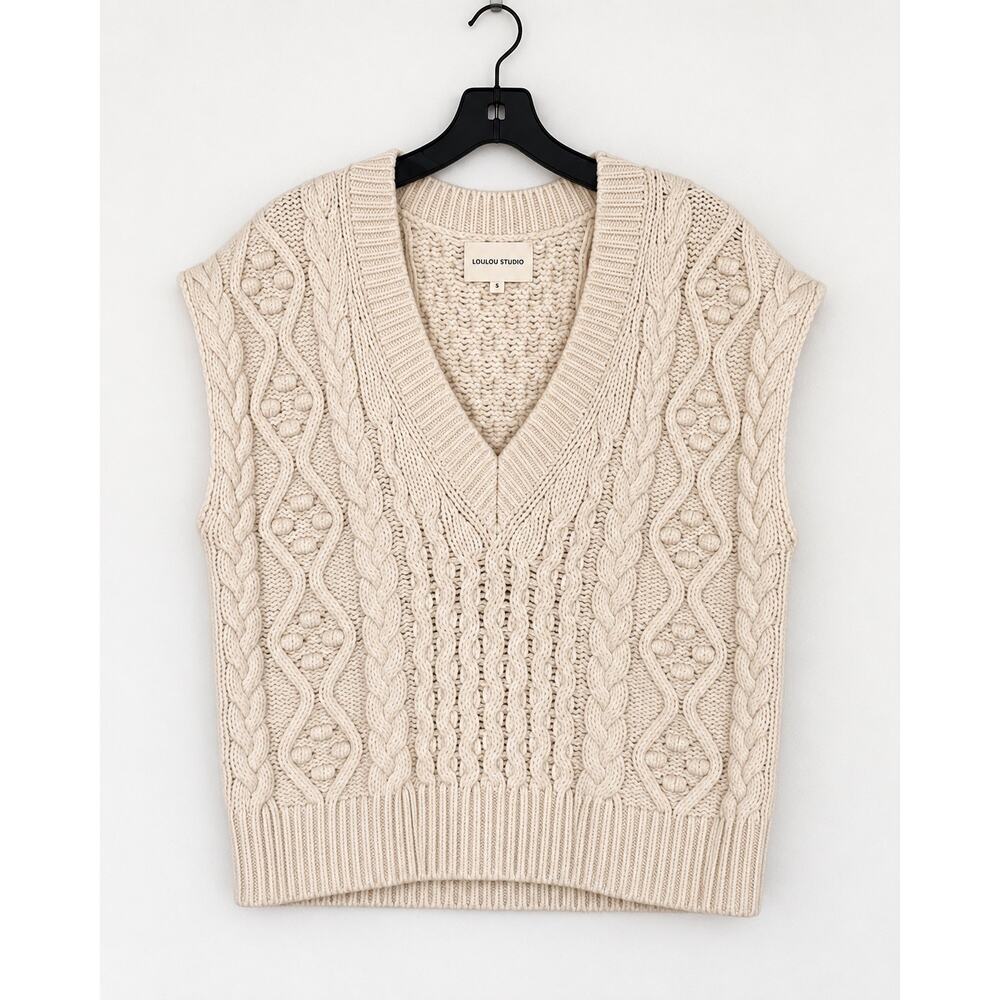 LOULOU STUDIO Torreta Cable Knit Wool Cashmere Sweater Vest Ivory XS - Picture 5 of 8